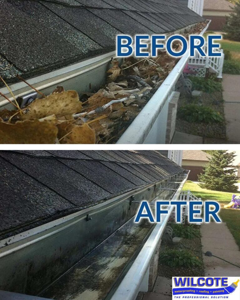 Before and after comparison of gutter cleaning showing debris removal and clear gutters