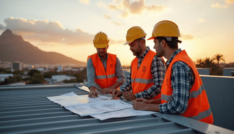 Roofing contractors inspecting metal roof with Table Mountain views