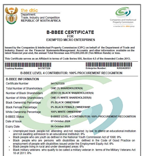 B-BBEE Level 4 Certificate – Wilcote Cape Town B-BBEE Level 4 Certificate for Aqua Proof Experts Pty Ltd trading as Wilcote Cape Town