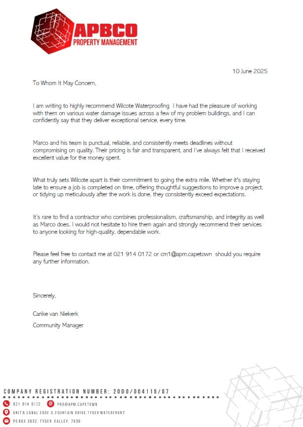 APBCO Property Management – Letter of Recommendation for Wilcote Cape Town Letter of recommendation from APBCO Property Management praising Wilcote Cape Town for reliable, high-quality waterproofing services.