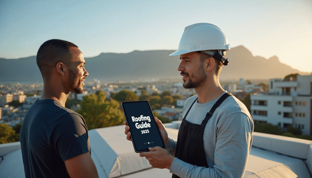 Owner and contractor discuss roof maintenance with Roofing Guide text on tablet