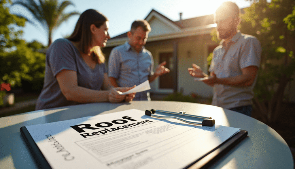 Homeowners and roofer review roof replacement plans outside Cape Town house