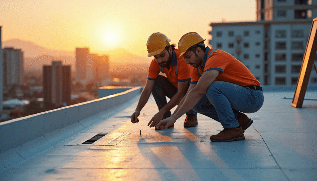 Roofers inspect Cape Town flat roof at sunrise