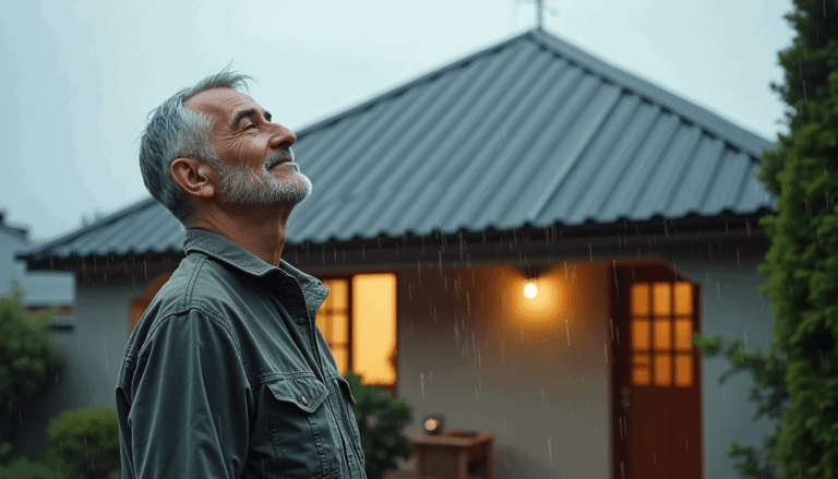 Cape Town homeowner checks roof for leaks during rainy weather