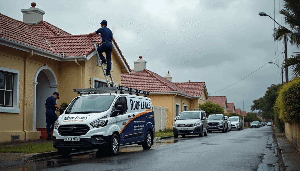 Roof inspector on ladder after Cape Town storm with maintenance van
