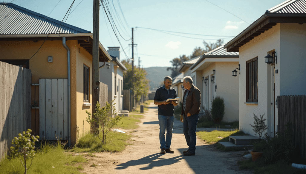 Cape Town street with assessor reviewing asbestos-roofed house; sign says Property Value