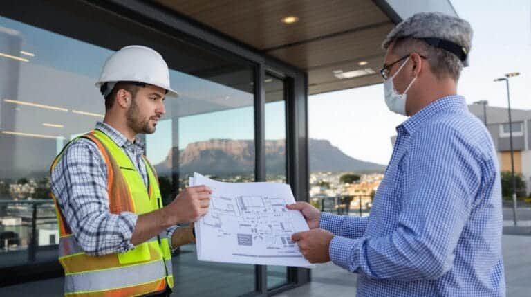 Cape Town building site, professionals discuss waterproofing innovations outdoors