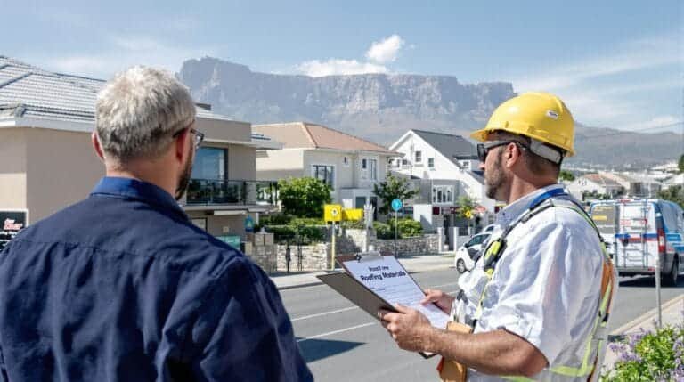 Cape Town street with various realistic roof materials, homeowner and contractor discussing options