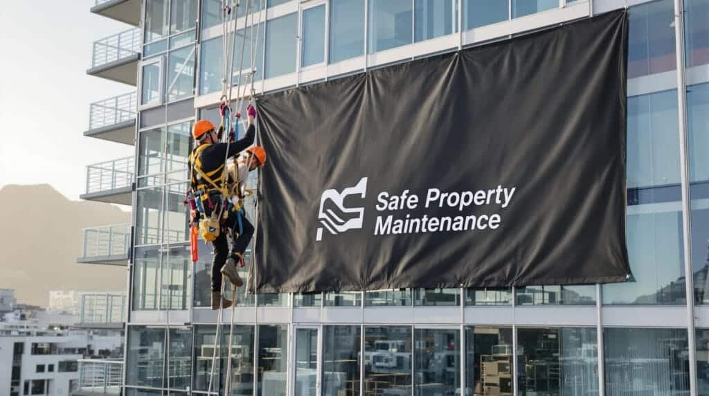 Rope access technicians working on Cape Town high-rise, banner reads 'Safe Property Maintenance'
