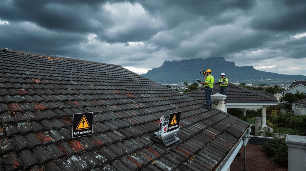 Roof inspectors examining Cape Town home’s roof under stormy skies
