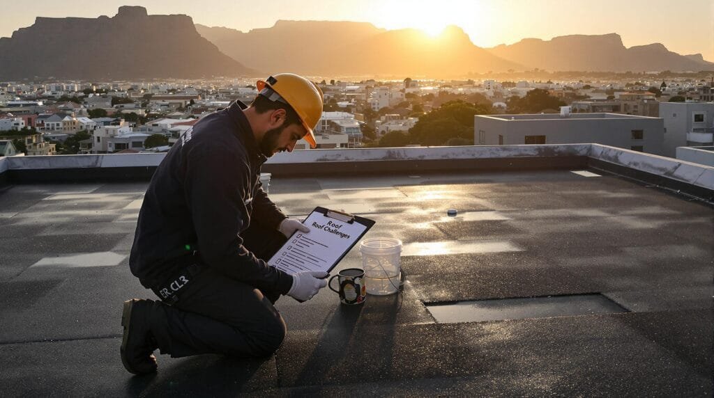 Worker inspecting Cape Town flat roof at sunrise with Roof Challenges clipboard