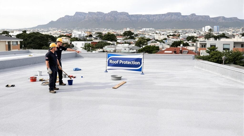 Contractors preparing Cape Town concrete roof for waterproofing with 'Roof Protection' sign