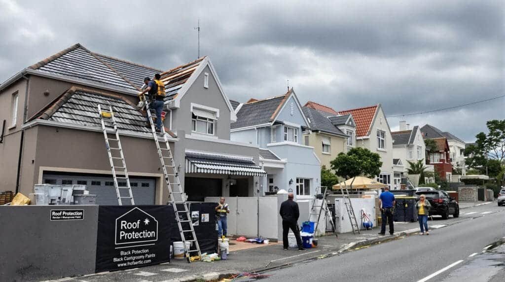 Cape Town neighborhood with residents applying waterproof paint to roofs