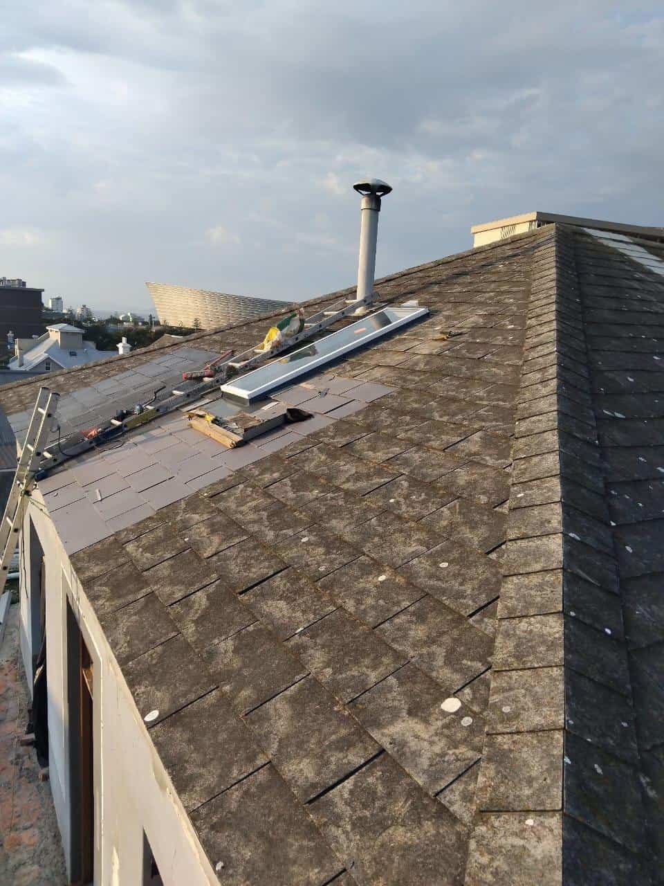 Before roof restoration in Green Point – moss-covered and weather-worn tiles before high-pressure cleaning and waterproofing by Wilcote Cape Town.